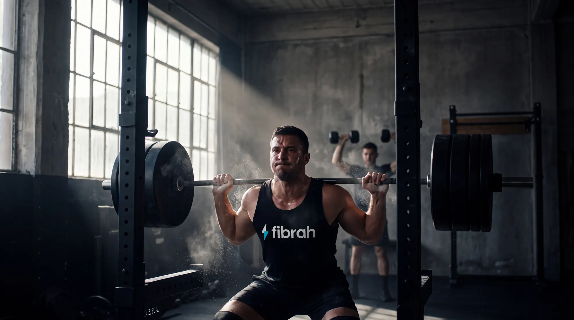 Atleta haciendo sentadilla con barra en el gimnasio de Fibrah